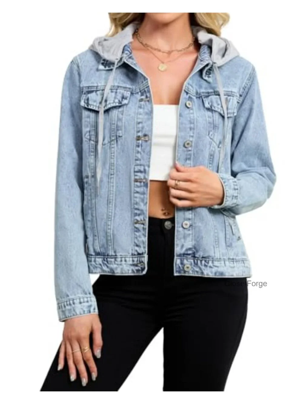 Women's Denim Jacket with Detachable Hood, Long Sleeve, Casual